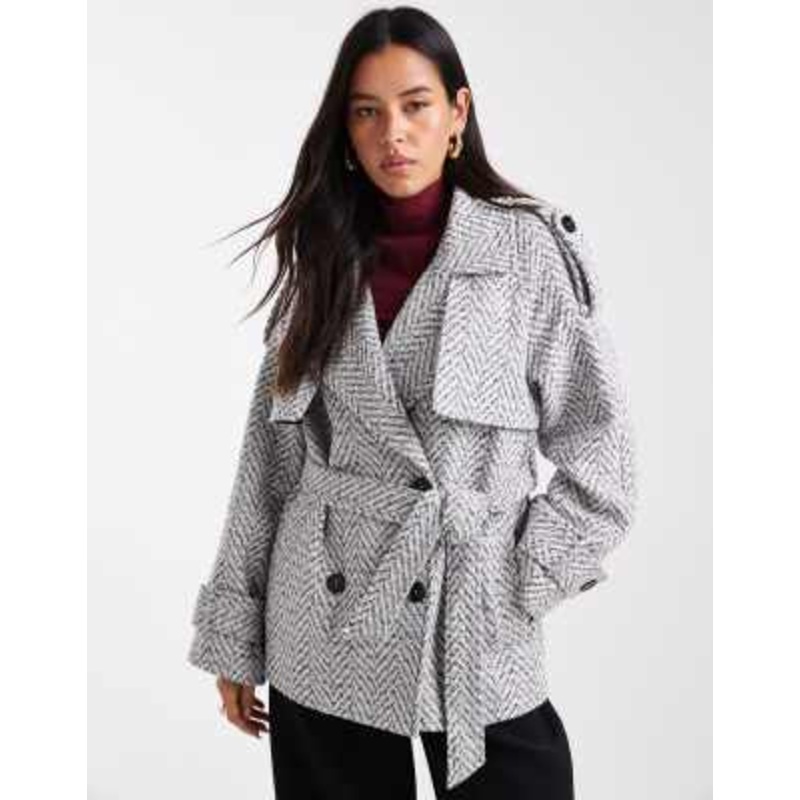 4th & Reckless wool look tweed wide sleeve belted trench coat in gray