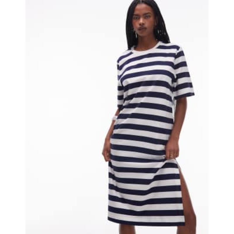 ARKET pure cotton boxy fit midi T-shirt dress in navy and white stripe