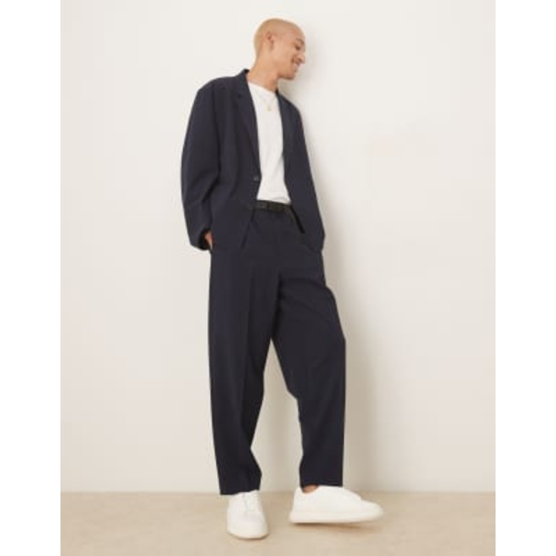 DESIGN boxy suit set in navy seersucker