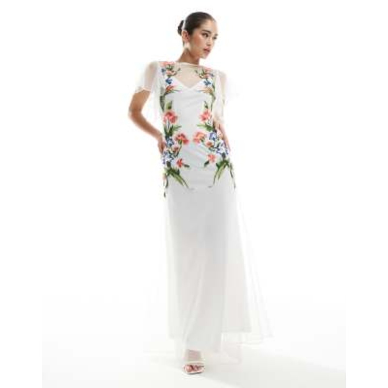Hope & Ivy Bridal embroidered open back maxi dress with tie detail in white