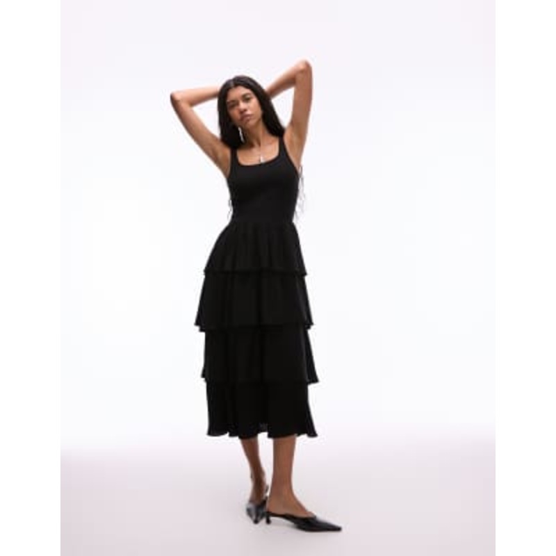 & Other Stories sleeveless midaxi dress with floaty ruffles in black ribbed mixed jersey and woven fabric