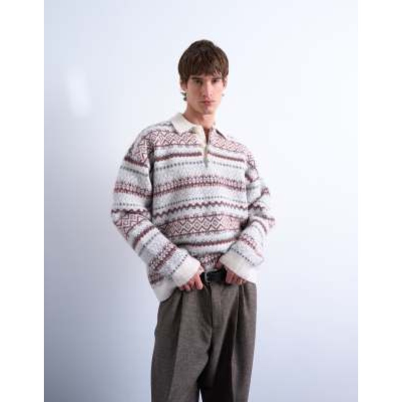 Topman regular fit fairisle stripe knit polo in ecru
