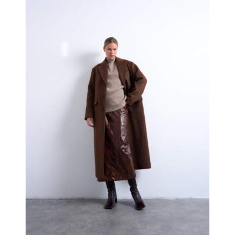 Topshop brushed three button longline blazer coat in chocolate