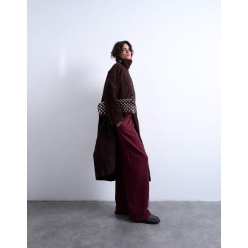 Topshop faux suede long car coat with neck tab in brown