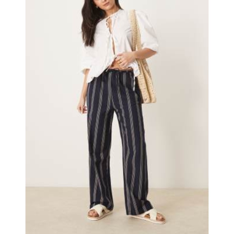 VILA linen touch tie waist wide leg pants in navy stripe