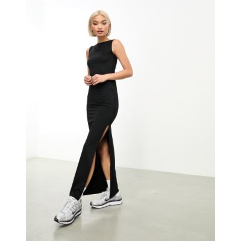 Weekday Annie boatneck maxi dress with side split in black