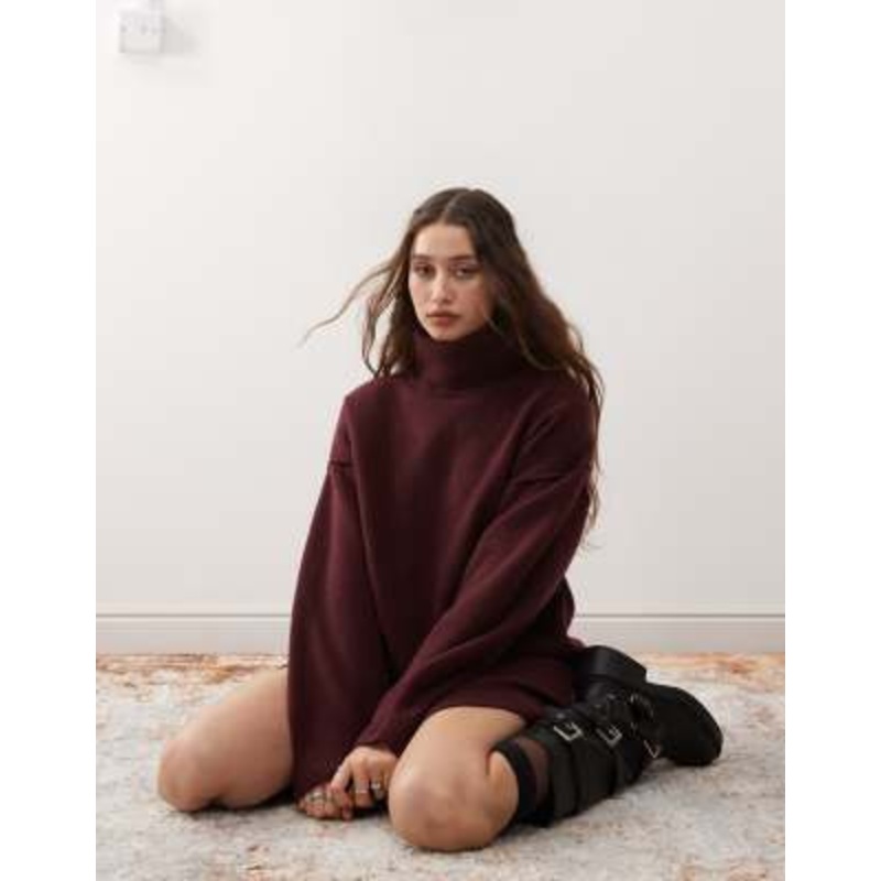 Weekday Annie wool blend roll neck mini knitted sweater dress in burgundy melange exclusive to