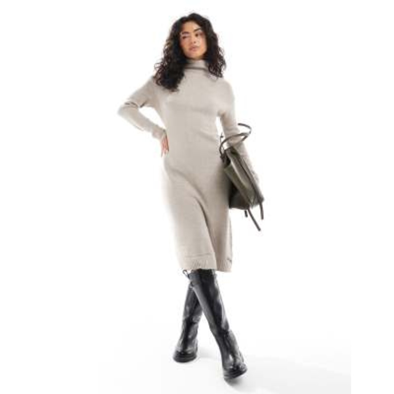 Brave Soul oversized knit turtleneck maxi dress in beige