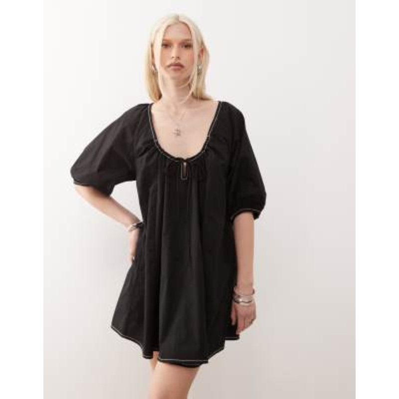 COLLUSION puff sleeve mini smock swing dress in black