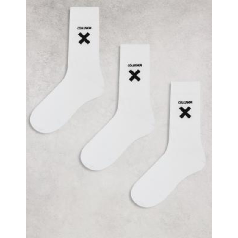 COLLUSION Unisex X logo socks 3 pack in white