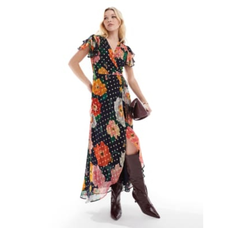 Hope & Ivy frill sleeve midi wrap dress with tie waist in navy print