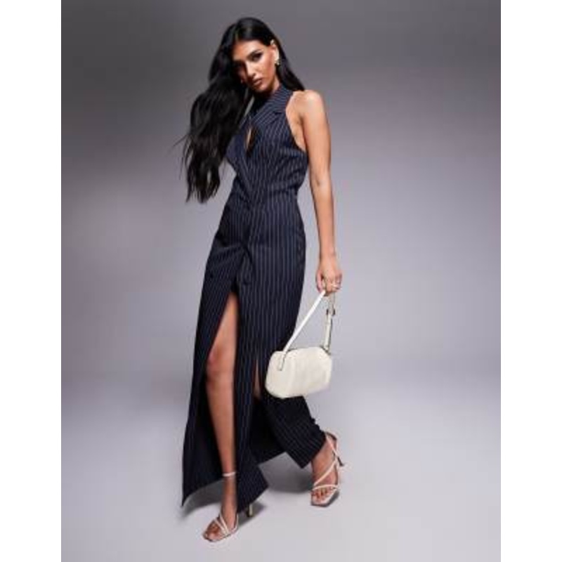 Kaiia exclusive halter neck double breasted collar detail slit front maxi dress in navy pinstripes