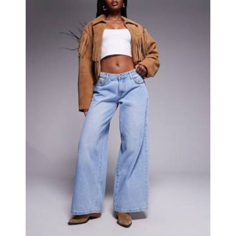 Princess Polly Pearlisle low rise stud detail baggy wide leg jeans in light blue wash