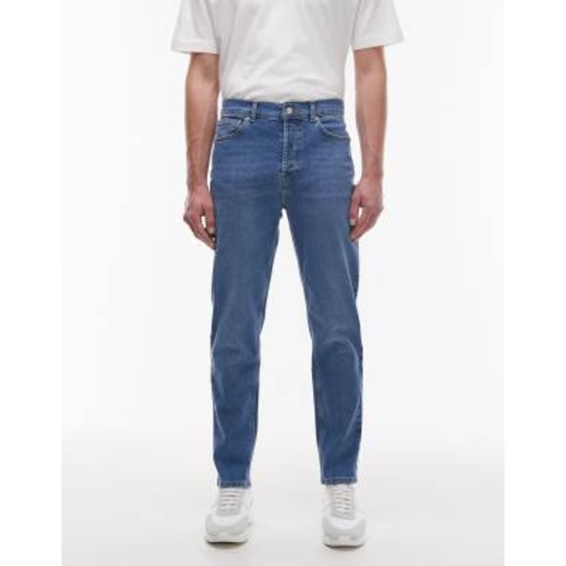 Topman stretch taper jeans in mid wash blue
