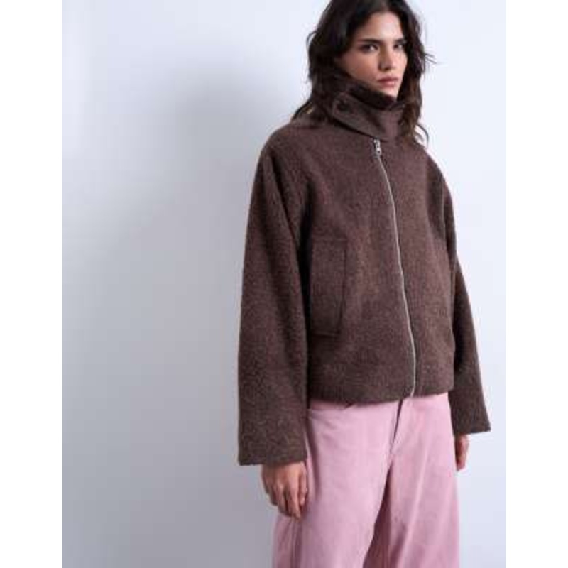 Topshop boucle tab detail bomber jacket in chocolate