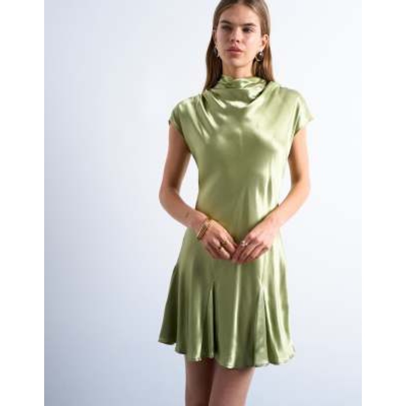 Topshop grown-on sleeve satin dress in olive