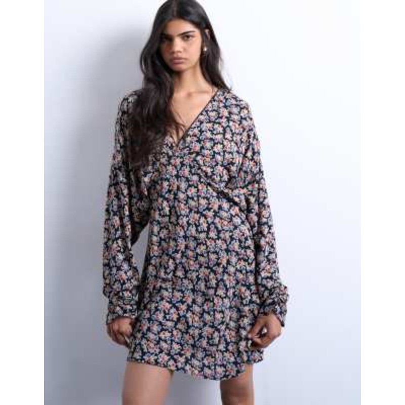 Topshop mini long sleeve tea dress in floral print