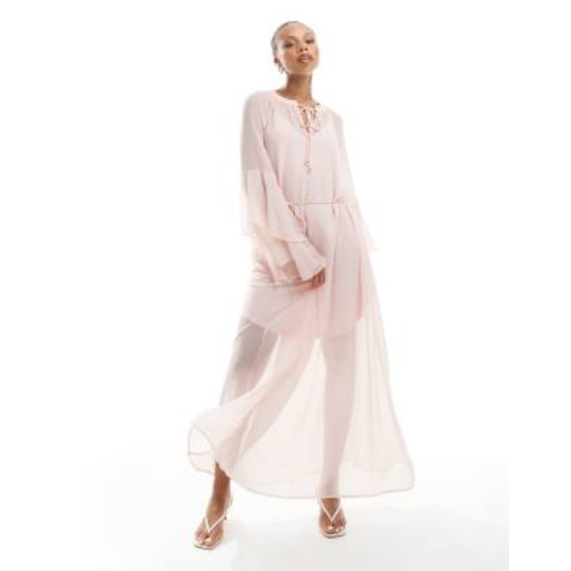 Vero Moda boho frill sleeve tie waist maxi dress in rose pink