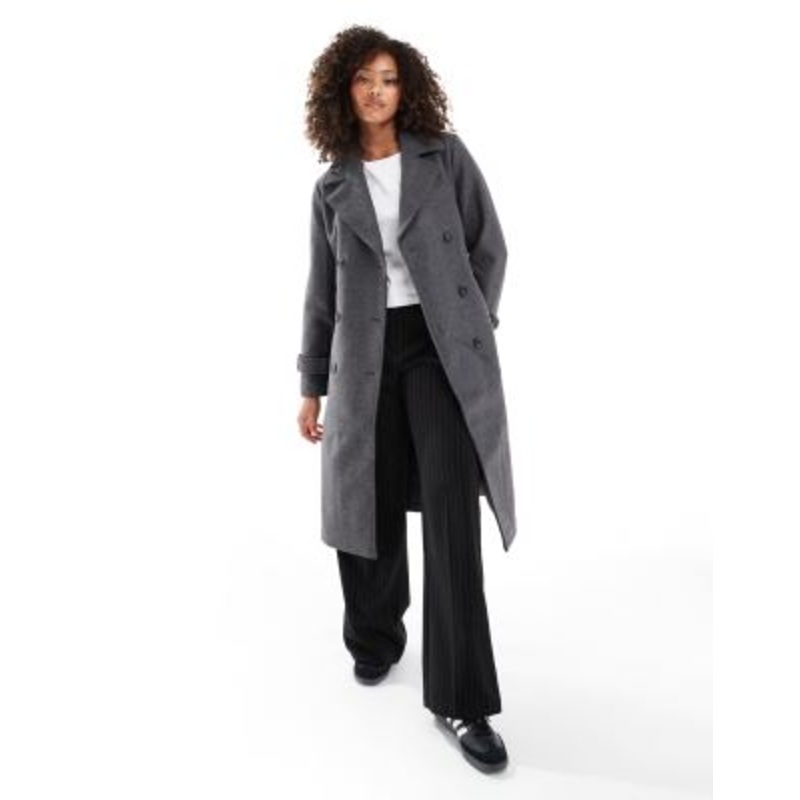 Vero Moda double breasted belted midi coat in dark gray melange