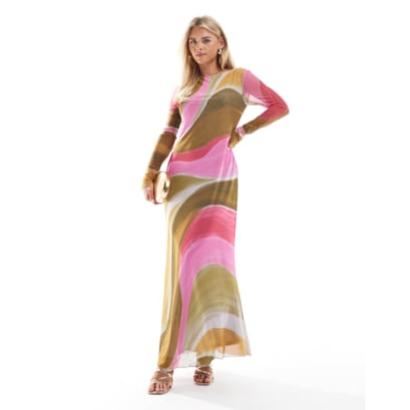 Vero Moda Petite long sleeved mesh dress maxi in multicolor overblown painted print