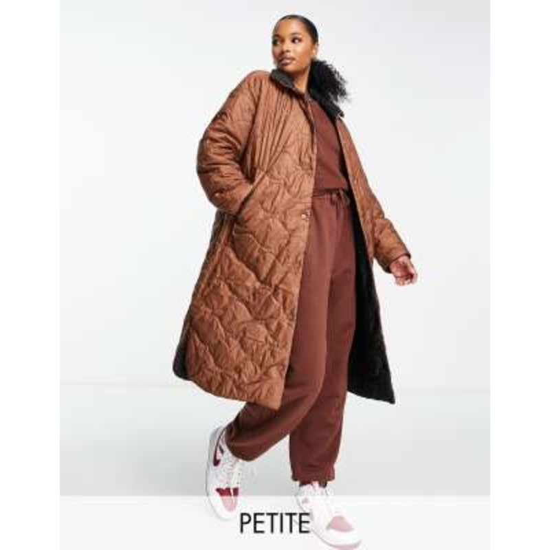 Vero Moda Petite reversible quilted funnel neck coat in black and brown
