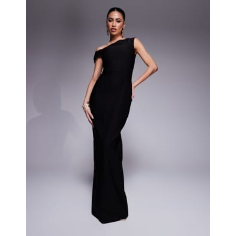 Vesper bengaline one shoulder knot detail maxi bodycon dress in black