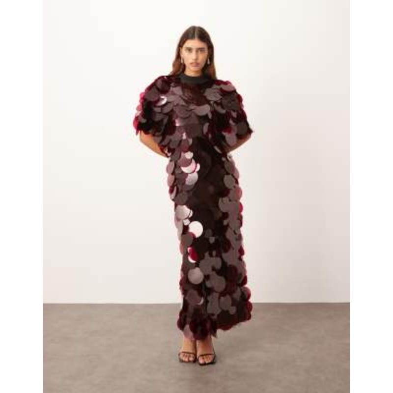 ARRANGE high neck paillette sequined fringe hem maxi dress in merlot