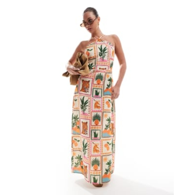 Vero Moda halter maxi dress in tropical postcard print