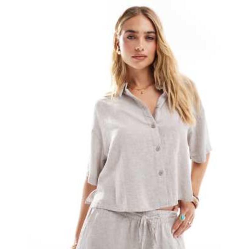 Vero Moda linen touch boxy cropped shirt in moon rock – part of a set