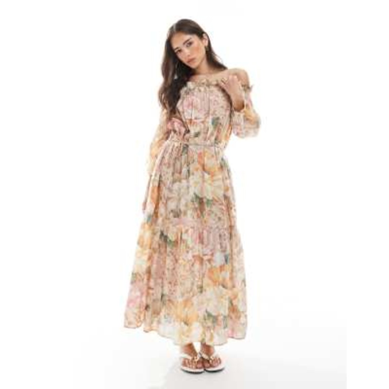 Vero Moda off the shoulder tiered maxi dress in peony floral print