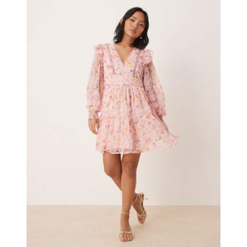 VILA Petite ladder lace frill detail mini dress in peach floral print