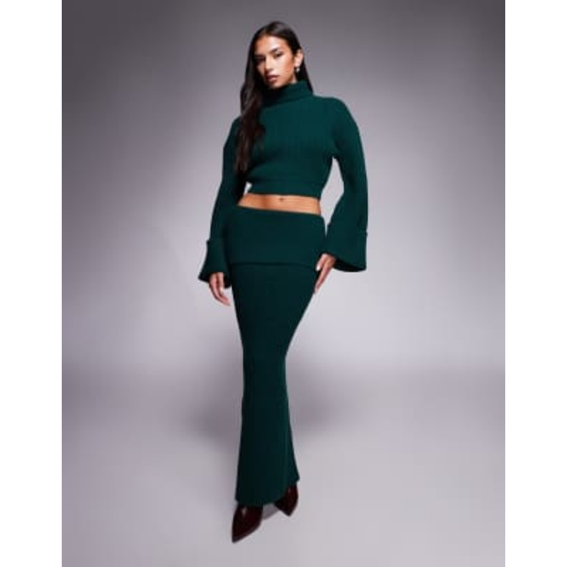 Wanderdoll Exclusive Mabel deep fold-over waistband maxi skirt in forest green – part of a set