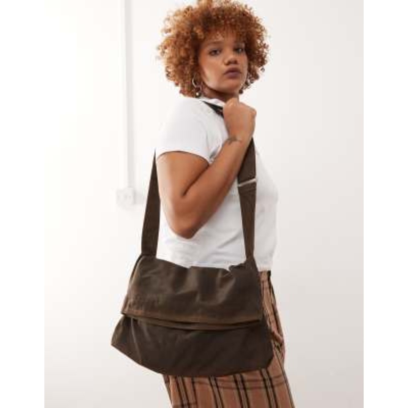 Weekday oversized waxed canvas cross-body bag in dark brown