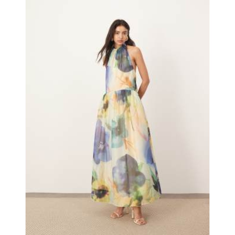 ARRANGE halterneck maxi dress with tie neck detail in oversized floral print