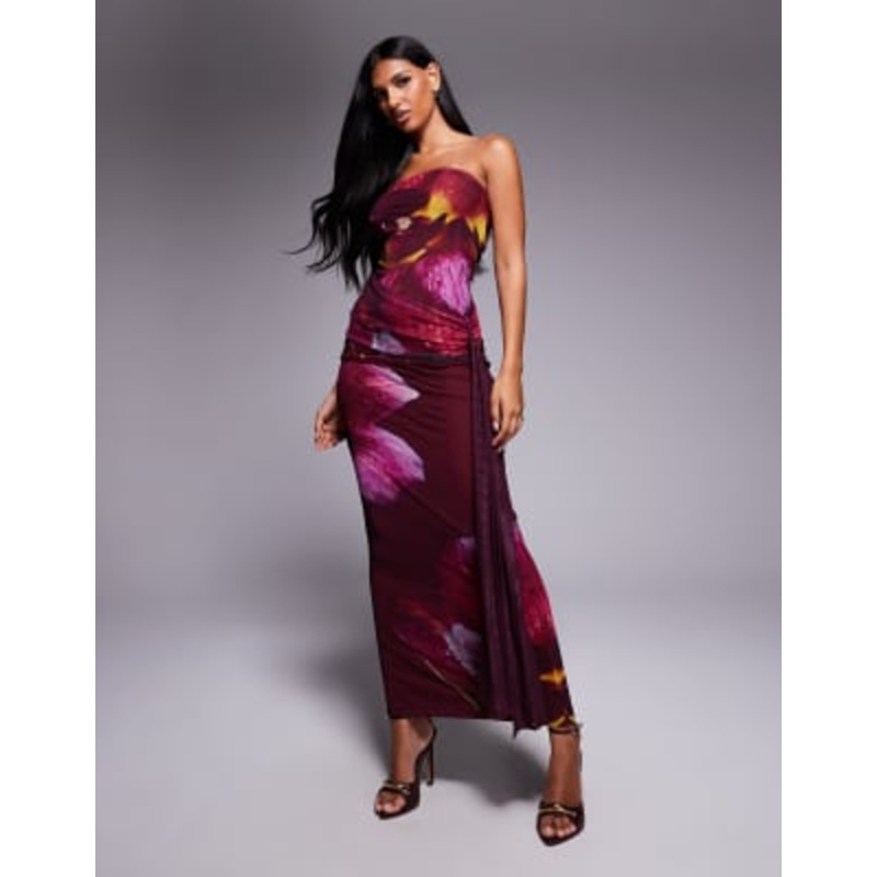 Kaiia exclusive double layered slinky mesh bandeau tie side drape detail maxi dress in midnight plum floral