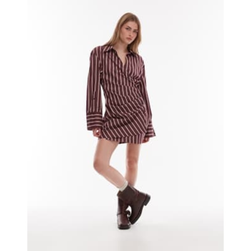 & Other Stories ruched side mini shirt dress in burgundy stripes