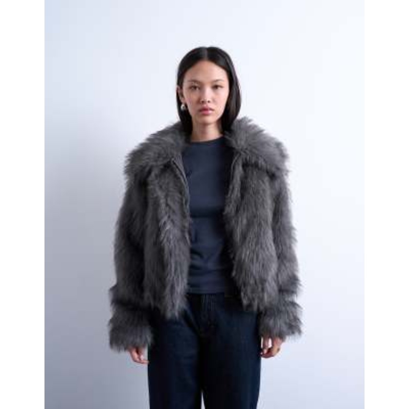 Topshop faux fur zip up bomber jacket in gray