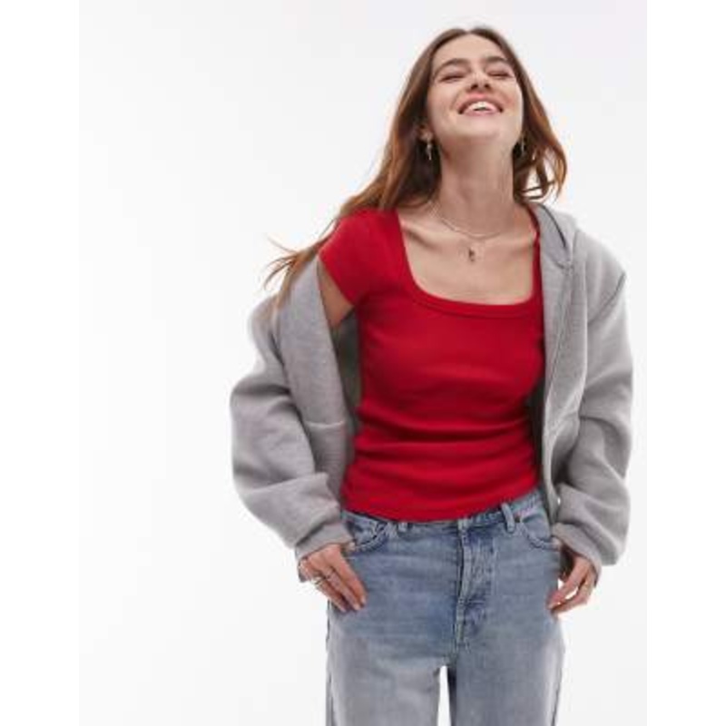Topshop square neck rib cap sleeve tee in cherry red