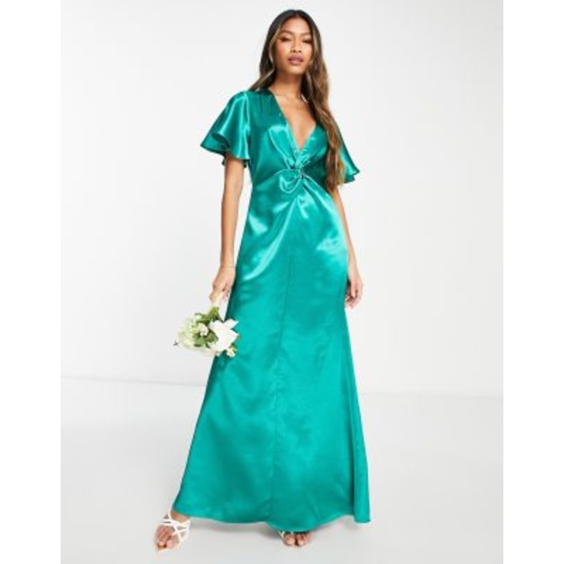 Vila Bridesmaid satin flutter sleeve maxi dress in emerald green