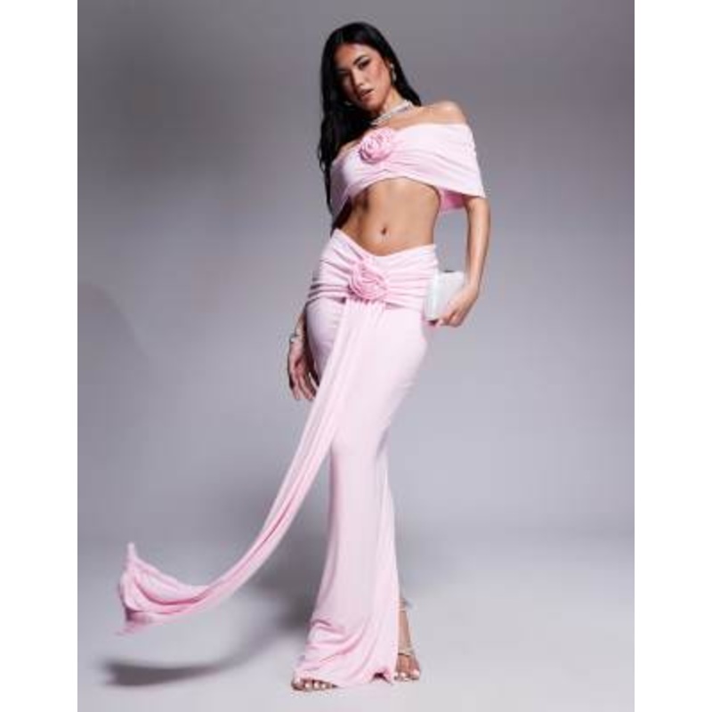 Wanderdoll Belle modal ruched off the shoulder top and maxi skirt set with corsage drape detail in baby pink