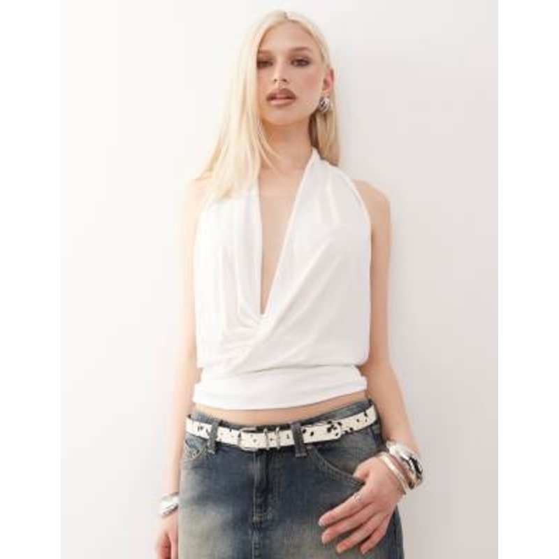 Weekday drape front halter neck top with open back in off-white