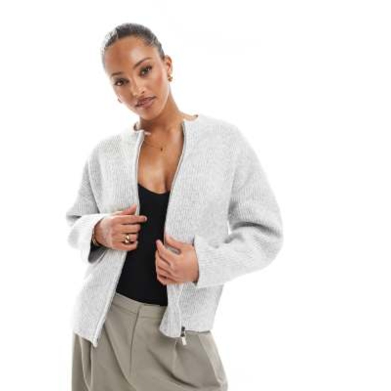 4th & Reckless premium high neck double zip knit bomber jacket in gray