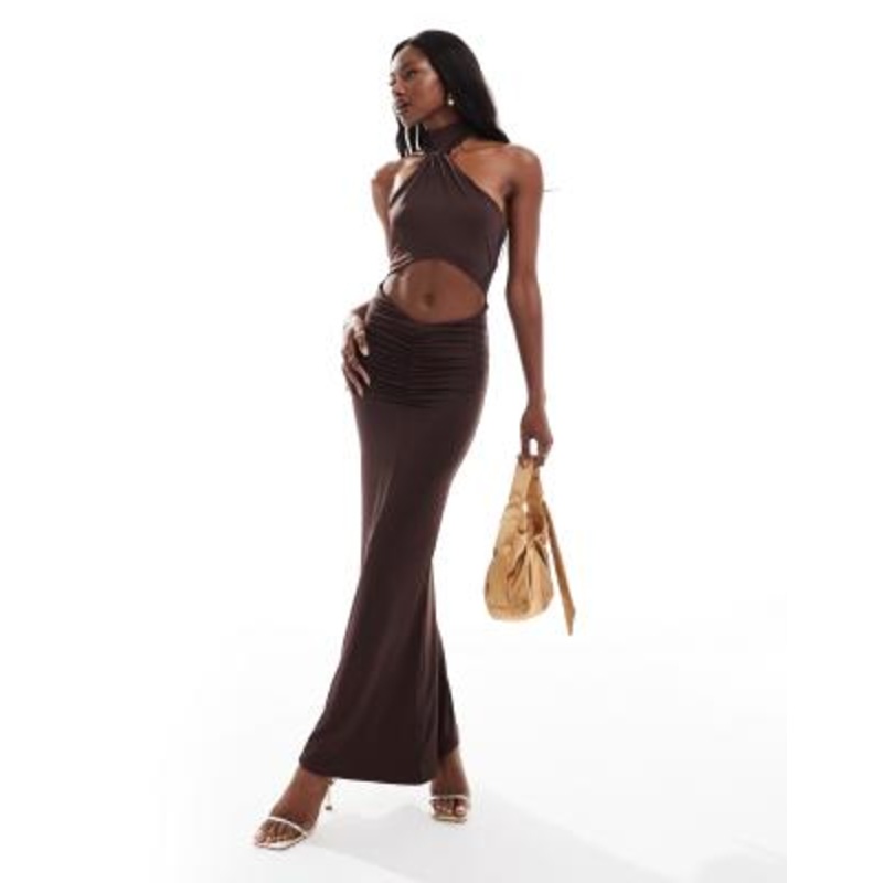 Aria Cove slinky halter neck cut out detail maxi dress in chocolate