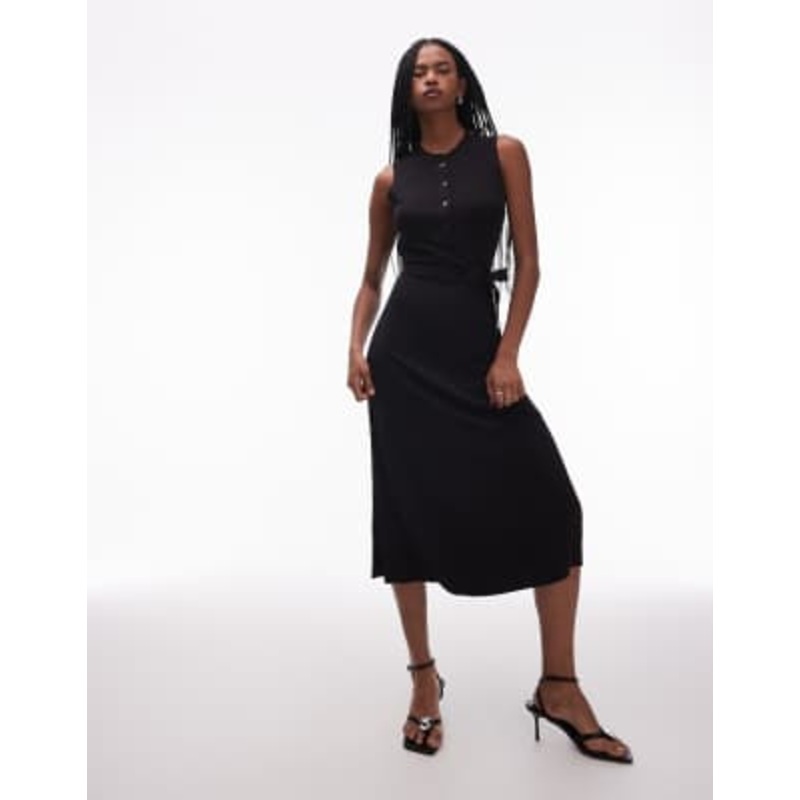ARKET stretchy henley sleeveless midi dress with belt in black