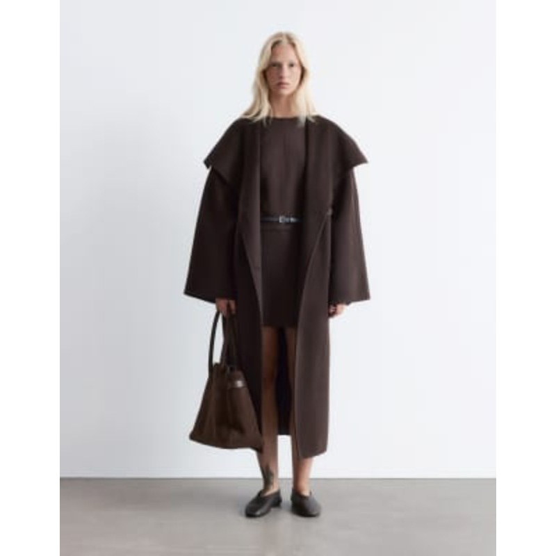 & Other Stories wool belted maxi coat with funnel neck in brown