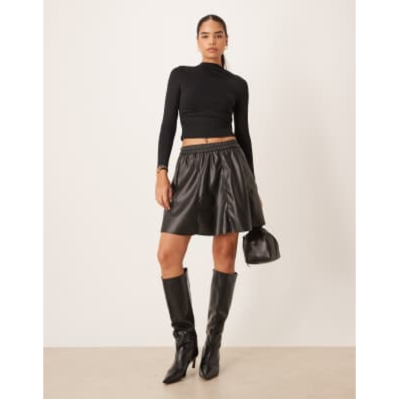 VILA faux leather flippy mini skirt in black
