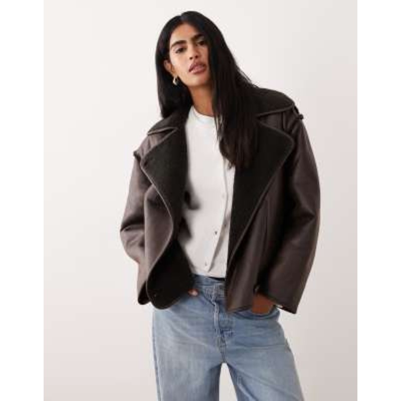 VILA reversible faux shearling jacket in dark brown