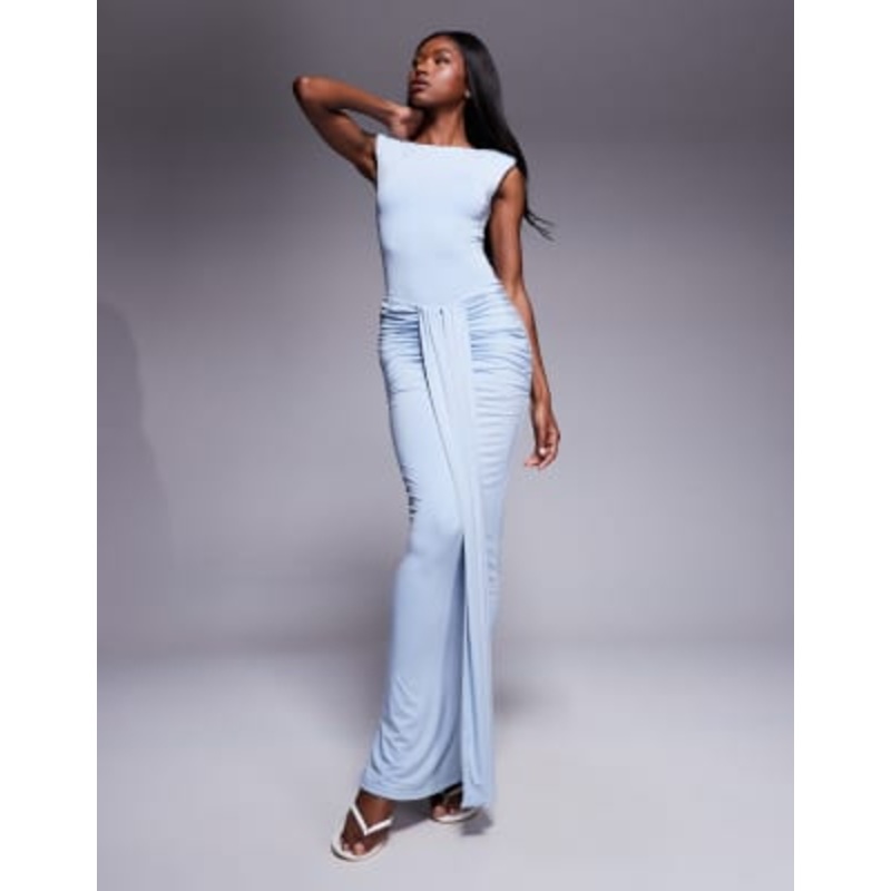 Wanderdoll Nara structured slinky shoulder pad bodysuit and maxi skirt set in baby blue