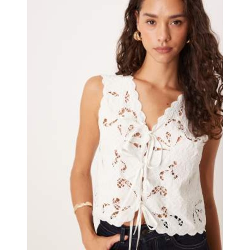 YAS embroidered tie front tank top in white