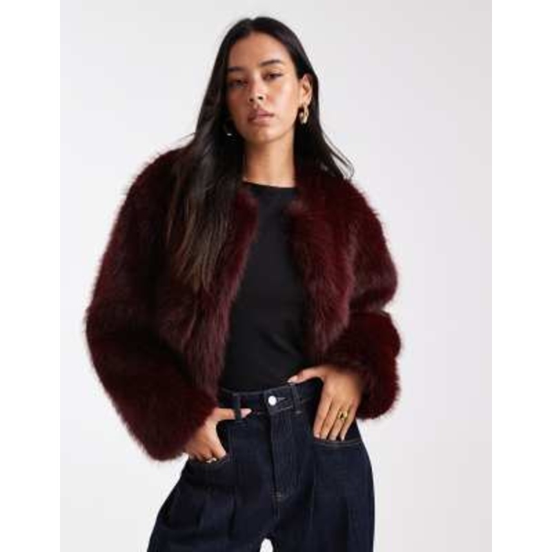 4th & Reckless faux fur cropped collarless jacket in burgundy